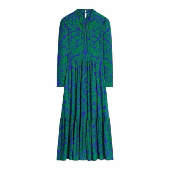 Boden High Neck Tiered Jersey Dress-Rich Emerald Elaborate Leaf 6P